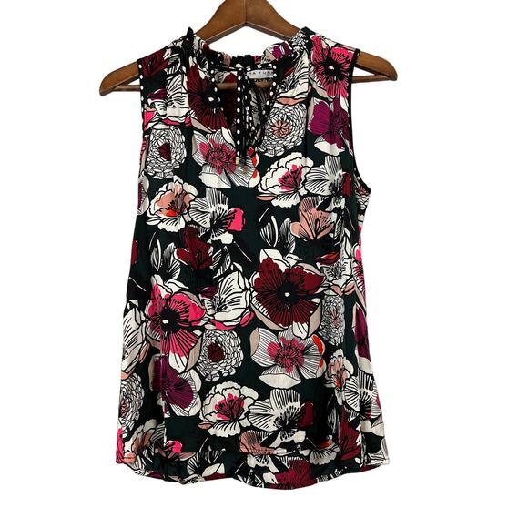 Trina Turk Silk Tunic Blouse Floral Print Top Black Pink - M - Picture 1 of 8